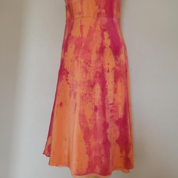 Silk Short Dress large 10 12 XL bridesmaid tie dyed party peach pink orange red